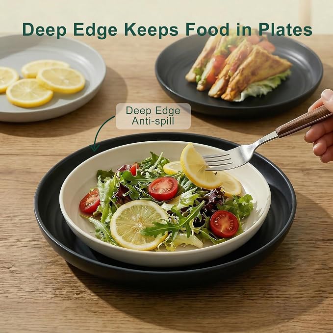 40 Piece Plates and Bowls Sets for 8, Unbreakable Wheat Straw Dinnerware Sets for 8, Microwave Safe Dishes Set for 8, Plastic Dinnerware Set for Home, Apartment, Dorm - BlackBeige