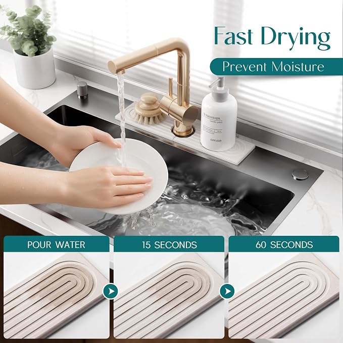 Kitchen Sink Faucet Mat - 15.7in Diatomite Sink Protectors for Kitchen Sink, Stone Sink Splash Guard for Kitchen Counter Sink Accessories (Light Grey, 15.7'' x 3.9'')