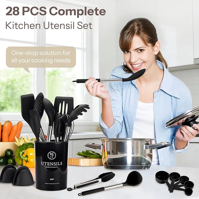 NCUE 28-Piece Silicone Kitchen Utensils Set with Stainless Steel Handles | 446°F Heat Resistant Cooking Utensils Set with Holder, BPA-free Food Grade, Nonstick Cookware Safe, Great for New Home Baking