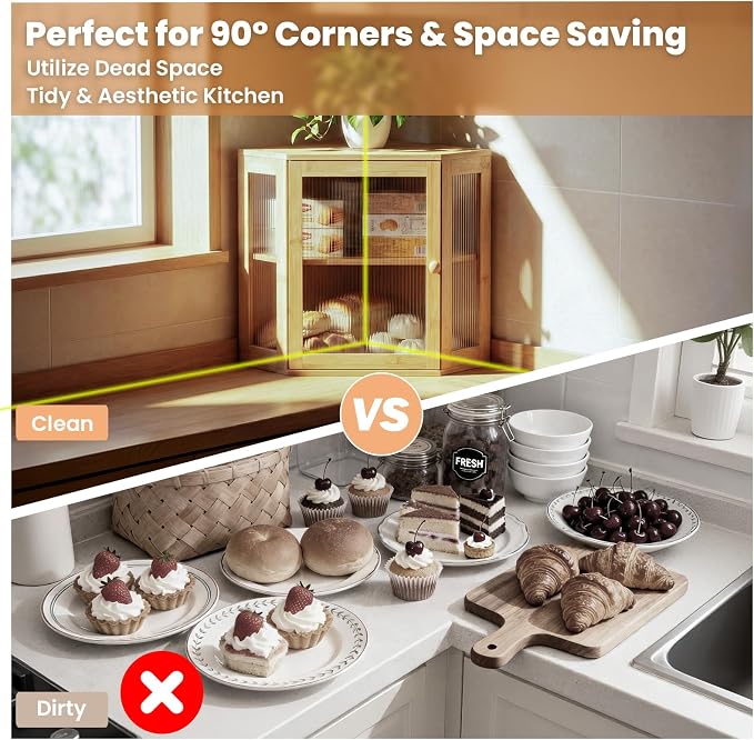Corner Bread Box for Kitchen Countertop: Bamboo Storage Container for Homemade Bread, Two Layer Breadbox under Cabinet Mount, Large Bread Holder for Kitchen Counter, Pantry Shelf