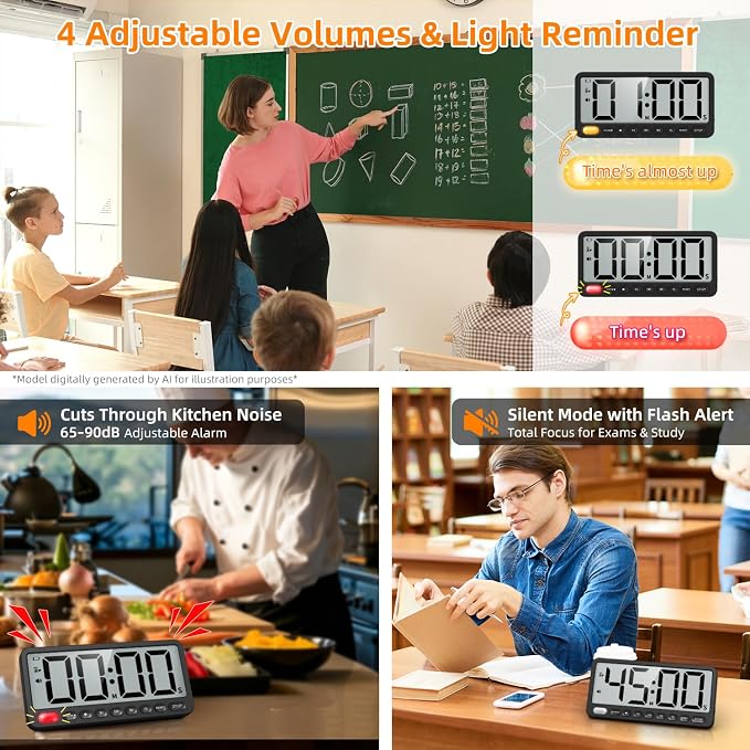 7.6'' Large Digital Kitchen Timer - 99H Countdown and Visual Light Alert | Big LCD Magnetic Timer, 4 Volume, Overtime Tracking, Battery Operated Count-Up Stopwatch for Cooking Gym Classroom