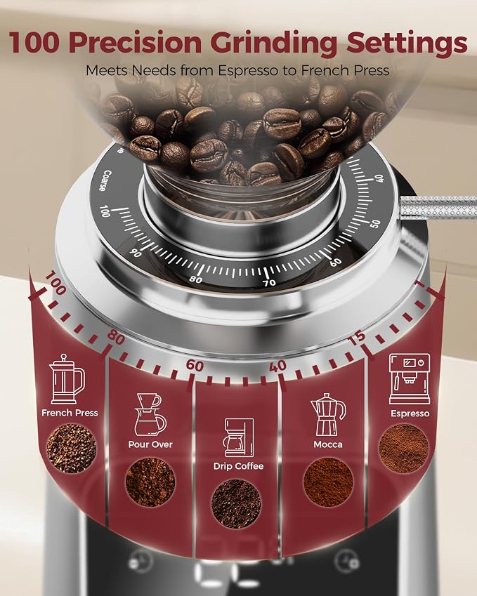 Tuni G3 64mm Flat Burr Electric Coffee Grinder with 100 Grind, Silver | Commercial Grade Espresso Grinder with Single Dose Set, Touchscreen Display, Anti-Static Tech, Stainless Steel