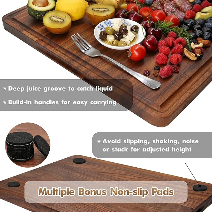 XL Large Solid Walnut Wood Cutting Board for Kitchen 20x15 in | Juice Groove Handles, Non-slip Mats,Thick Reversible Butcher Block, Chopping Board Cheese Charcuterie Board