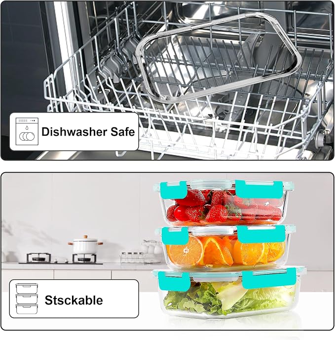 VERONES 10 PACK Glass Meal Prep Containers Set with Lids, Green | Airtight & Stackable Glass Food Storage Containers Set with Lids, for Microwave, Oven, Freezer & Dishwasher Friendly