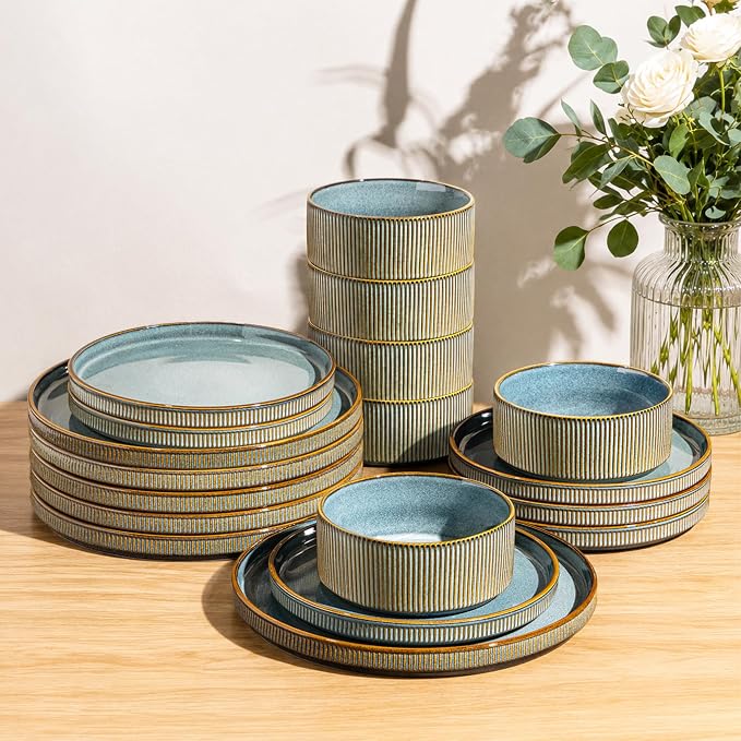 GBHOME Stoneware Dinnerware Sets for 6, 18-Piece Plates and Bowls Set | Handmade Reactive Glaze Ceramic Dish Set, Scratch Resistant, Dishwasher&Microwave Safe,Space Blue