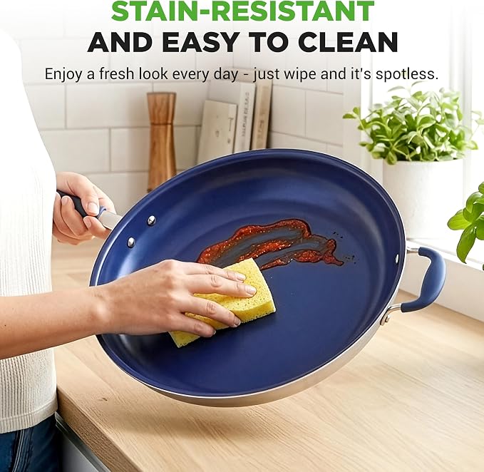 NutriChef 14" Fry Pan With Lid - Extra Large Skillet Nonstick Frying Pan with Silicone Handle, Ceramic Coating, Blue Silicone Handle, Stain-Resistant And Easy To Clean, Professional Home Cookware