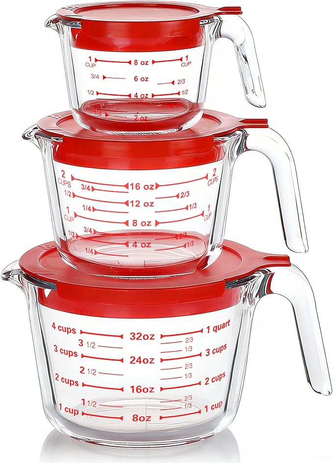 M MCIRCO 6 Pcs Glass Measuring Cups with Lids Set, 1 Cup, 2 Cup, 4 Cup | Measuring Jugs with Handle, Nesting Liquid Measuring Cups for Kitchen, Microwave, Oven, Freezer, Dishwasher, BPA Free