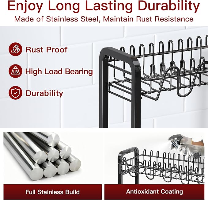 2 Tier Black Stainless Steel Dish Drying Rack for Kitchen Counter | Large Capacity Dish Drainer with Drainboard, Cup & Utensil Holder, Space Saving Rustproof Metal Plate Rack, Fast Drain