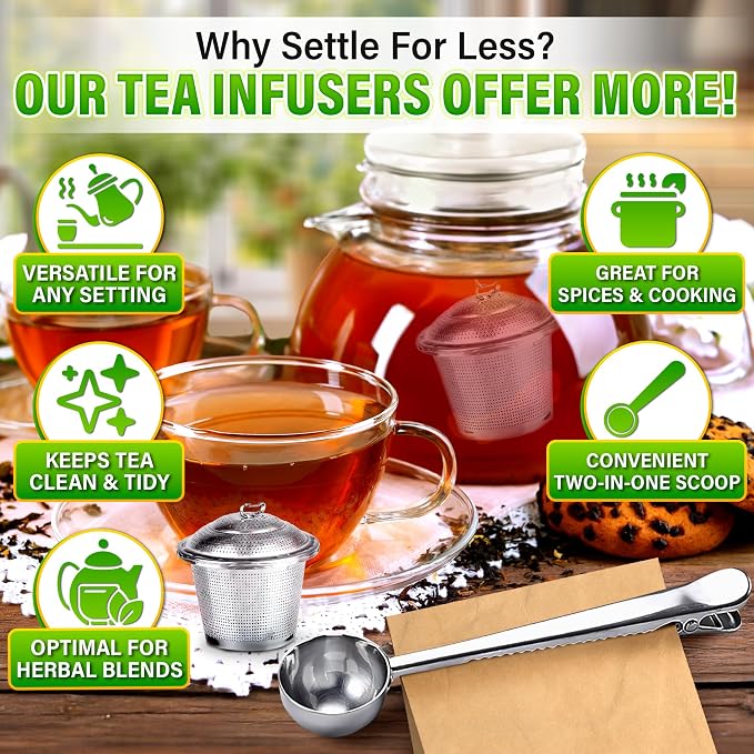 Tea Infuser Set of 3 (1 Large, 2 Small) with Scoop, Stainless Steel | Loose Leaf Tea Steeper; Extra Fine Mesh Holes, Extended Chain, Sleek & Shiny Surface; Reusable; for Herbs, Spices & Cooking
