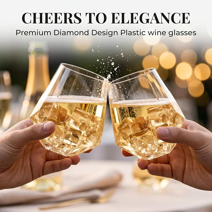 Lueumxc 56 Pack Plastic Wine Glasses Disposable Diamond Champagne Flutes, 32 Pcs 9 OZ Stemless Champagne Flutes & 24 Pcs 12 OZ Disposable Wine Glasses, BPA-Free