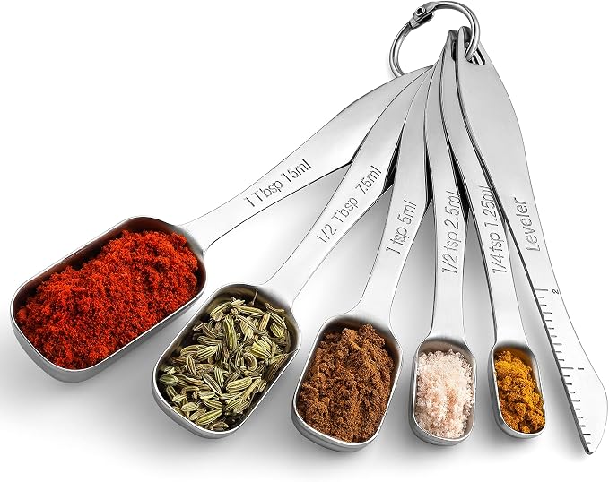 Spring Chef Stackable Stainless Steel Measuring Spoons Set of 6 w/Leveler | Rectangular Metric Metal Teaspoon & Tablespoon Measuring Spoons for Dry & Liquid Ingredients, Fits in Spice Jars, Long Handle