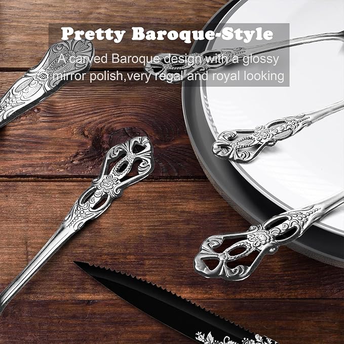 Runfly Gorgeous Retro Royal Silver Stainless Steel 48-Piece Flatware Set | Silverware Set for 8, Anti-rust Cutlery Set Utensils Kitchen Including Fork Spoon and Knife