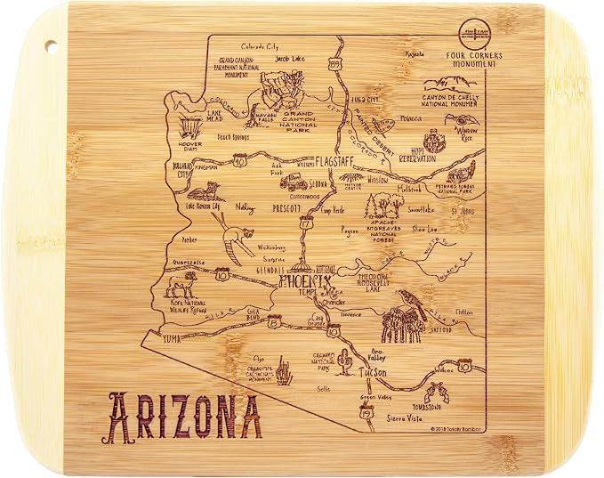 Totally Bamboo A Slice of Life Arizona Engraved Map Cutting Board | 11” x 8.75” charcuterie board with engraved state map artwork. Smooth reverse side for food prep. Hang tie for wall display.