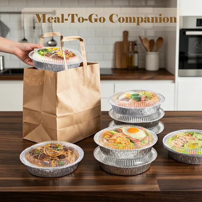 60 Pack 9” Round Aluminum Pans with Clear Lids, Disposable Foil Pie Pans with Lids, Pie Tins Disposable, Freezer & Oven Safe for Storing, Baking, Meal Prep & Reheating