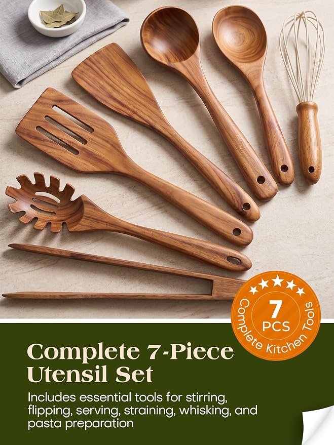 Nonstick Wooden Utensil Set for Cooking, Handmade Smooth Finish Teak Wood Spoons Spatula Turner for Cooking and Kitchen Gifts (7Pcs)