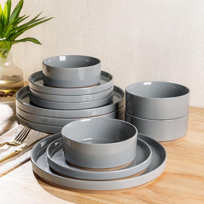 AmorArc Stoneware Dinnerware Sets for 6,18 Pcs Plates and Bowls Set | Handmade Ceramic Dish Set,Dishwasher & Microwave Safe,Scratch Resistant-Gray