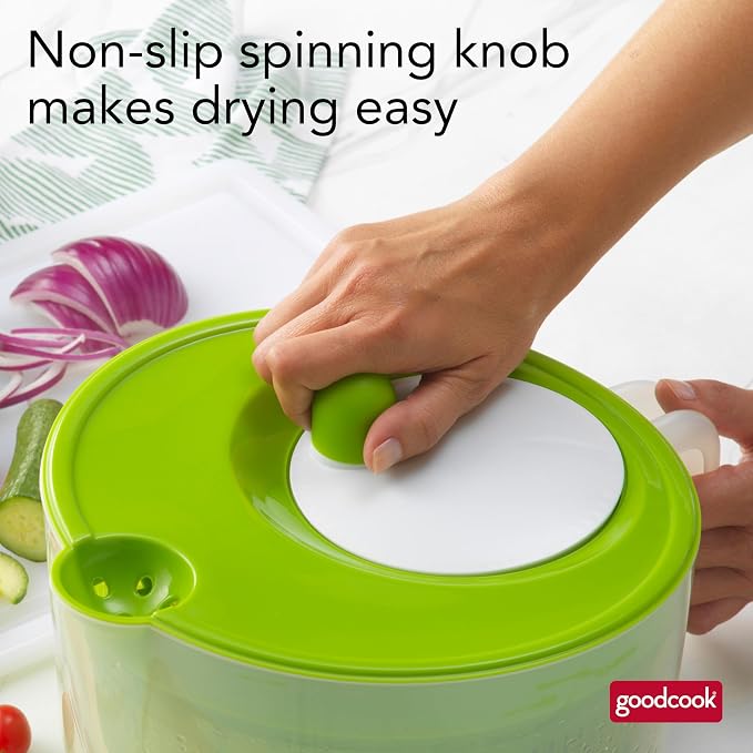 GoodCook Deluxe Salad Spinner - 6 Qt. Capacity, Easy Turn Knob, Built-In Pour Spout, Multi-Use Basket, Durable and Dishwasher-Safe, Large Capacity, Green