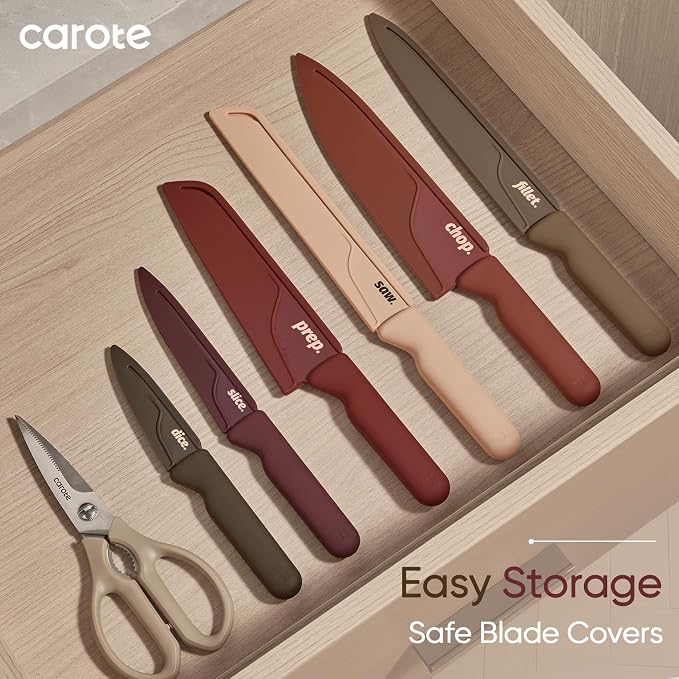 CAROTE Kitchen Knife Set, 6 Floral Knives with 6 Blade Guards, 12-Piece | Stainless Steel Blades, Ceramic Nonstick Coating, Long-Lasting Sharpness, Rust-Resistant, Non-Slip, Dishwasher Safe