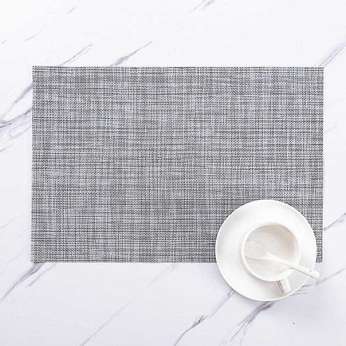 Zupro Gray Placemats Set of 4 Woven PVC 18"x12" for Indoor Outdoor Usage | Washable Heat-Resistant Non Slip Table Mats PVC Vinyl Kitchen Dining Patio Table Place Mats for Holidays Dinner Parties BBQs