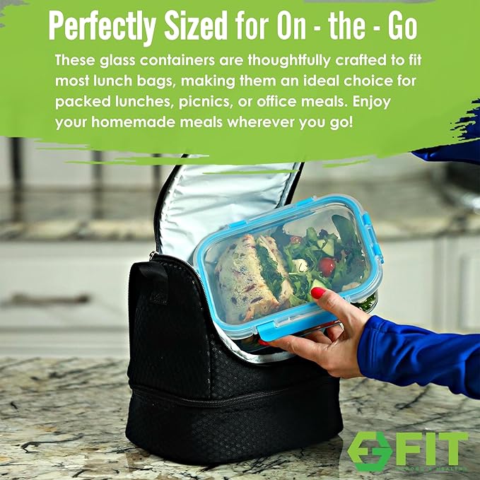 Glass Meal Prep Containers 3 Compartment, 3 Pack 32 oz Leakproof Lids Blue | Glass Bento Box for Portion Control, Airtight Snap-Lock, BPA-Free, Microwave Oven Freezer Dishwasher Safe Lunch Containers