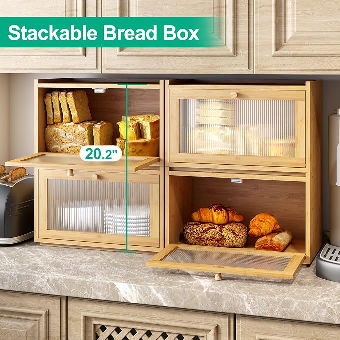 kiplant Large Bread Box for Kitchen Counter, Bamboo Bread Storage Container with Wavy Arcylic Transparent Door, Bamboo Wooden Farmhouse Bread Box for Your House