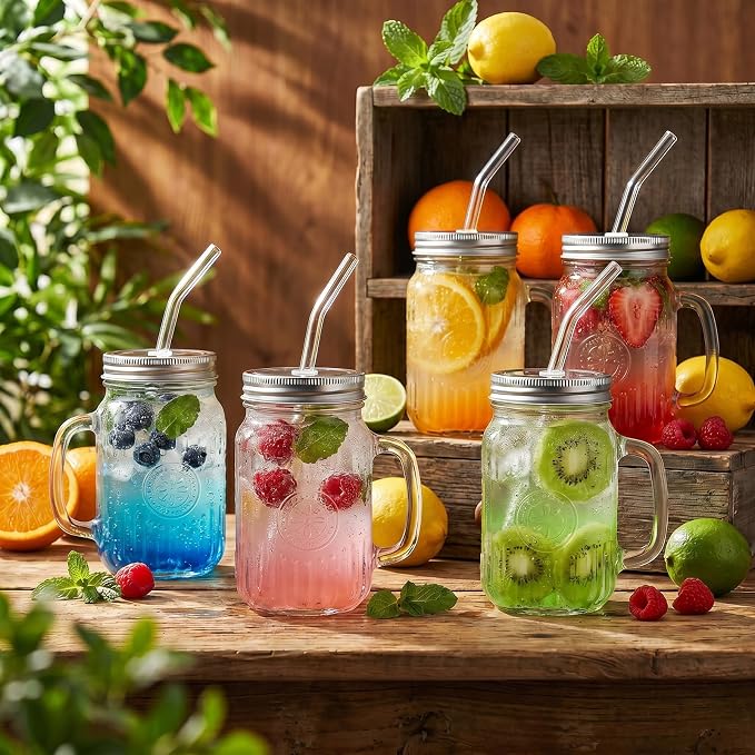 DaYammi 16 oz Mason Jars with Lids and Straws, 6 Pack Clear Vintage Drinking Glasses, Leak Proof Iced Coffee Cups for Daily Use & Party