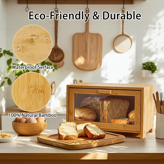 Bamboo Bread Box for Kitchen Countertop,Large Bread Storage Container with window,Modern Bread Storage Bin for Homemade Bread Organizer (Single Layer)
