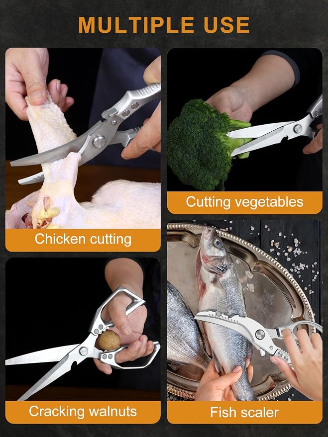 2 Pack Kitchen Shears, Heavy Duty Poultry Shears with Non-Slip Handle & Safety Lock, Spring Loaded, All Purpose Kitchen Scissors for Food, Meat Cutting, Chicken, Fish, Vegetables