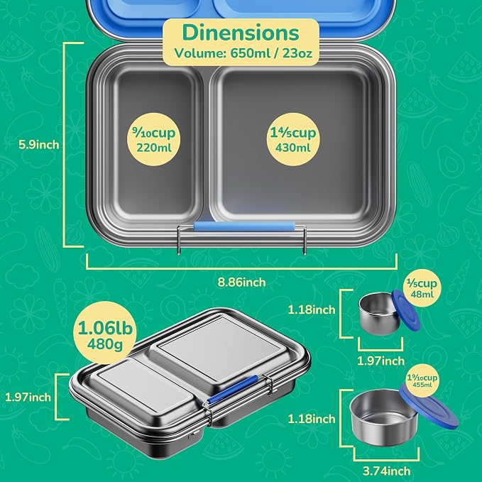 Stainless Steel Lunch Box for Kids, Leak Proof Bento Lunch Box BPA Free 304 Stainless Steel Bento Box Stainless Bento Box with Containers for School and Office(Green)