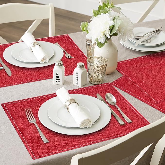 Christmas Placemats Set of 6, 12x18 Inch Rectangular Placemats for Kitchen Table, Red Placemats for Holiday Party Kitchen Dining Room Decoration