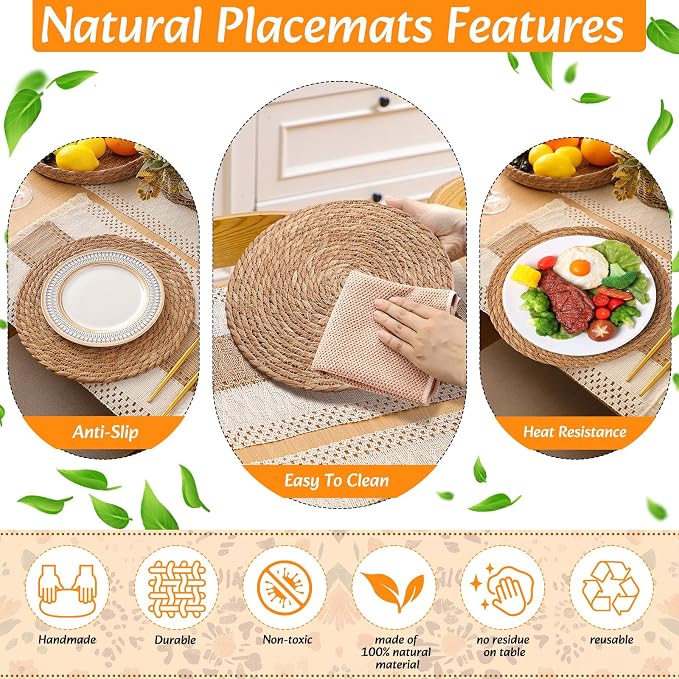 6 Sets Boho Decoration Placemats Round Woven Placemats, Cloth Napkins, Wood Bead Napkin Rings, Long Table Runner and Farmhouse Burlap Cotton for Table Kitchen (Khaki,12x72)