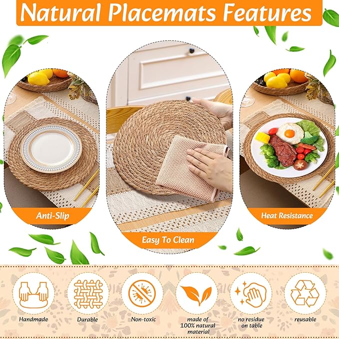 4 Sets Boho Decoration Placemats Round Woven Placemats, Cloth Napkins, Wood Bead Napkin Rings, Long Table Runner and Farmhouse Burlap Cotton for Table Kitchen (Khaki,12x72)