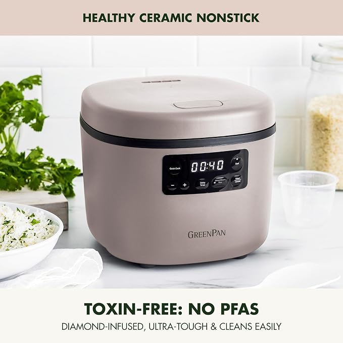 GreenPan Advanced Rice Cooker, 4-Cups Uncooked/8-Cups Cooked, Removable Nonstick Ceramic PFAS-Free Pot, White & Brown Rice, Family Sized, Quick Cook in 25mins, 6 Presets, Fuzzy Logic Tech, Clay