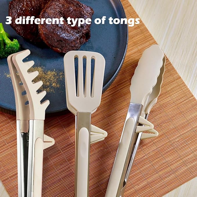 9" Kitchen Tongs for cooking with Silicone Tips, 3Pcs Serving Tongs, White | Small Silicone Tongs mit kickstand, Food Grade, 3 different type of tongs, Stainless Steel