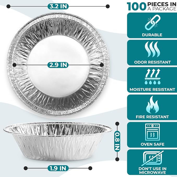 LEGLO Mini Pie Tins 3 Inch, 100 Pcs Round Disposable Aluminum Egg Tart Tins | Skip the Cleanup - Moisture-Resistant, Oven-Safe, Easy-to-Use Pans for Baking Individual Cheesecakes, Quiches, and Pot Pies