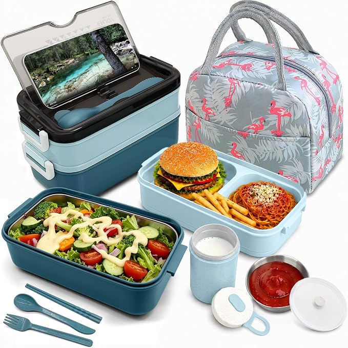 2-Tier Bento Lunch Box for Men & Adults with Insulated Lunch Bag | 50 OZ Large Capacity Bento Box with BPA-Free Utensils & Cup & Sauce Container, Leakproof, Microwave Safe for Work & Meal Prep