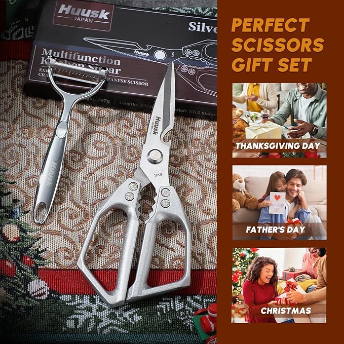 Huusk Kitchen Scissors and Vegetable Peeler Set, Japanese Stainless Steel | Multifunction Kitchen Shears & Potato Peeler, Ergonomic Non-Slip Handle Design, Easy to Clean, Gifts for Women