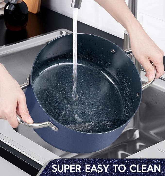MICHELANGELO 5 Qt Ceramic Nonstick Stock Pot with Lid for Daily Meals, Blue | Aluminum stock pot with ceramic nonstick coating, glass lid, stainless handles and induction-ready base for small households
