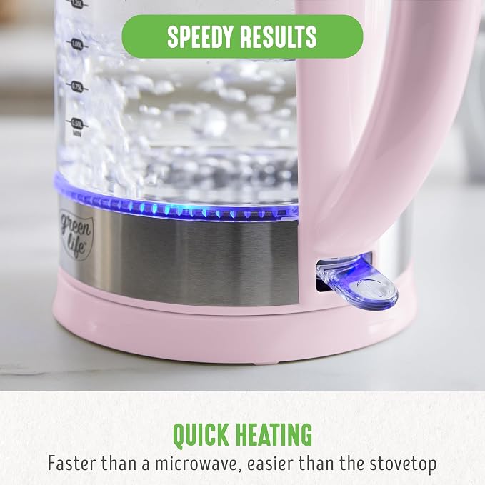 GreenLife 1.7 Liter Electric Glass Kettle, Pink | Glass Body, Auto Shutoff, Thermal Shock Resistant, Quick Heating, Easy One Touch Use, Cordless Serving, LED Base, Coffee/ Tea