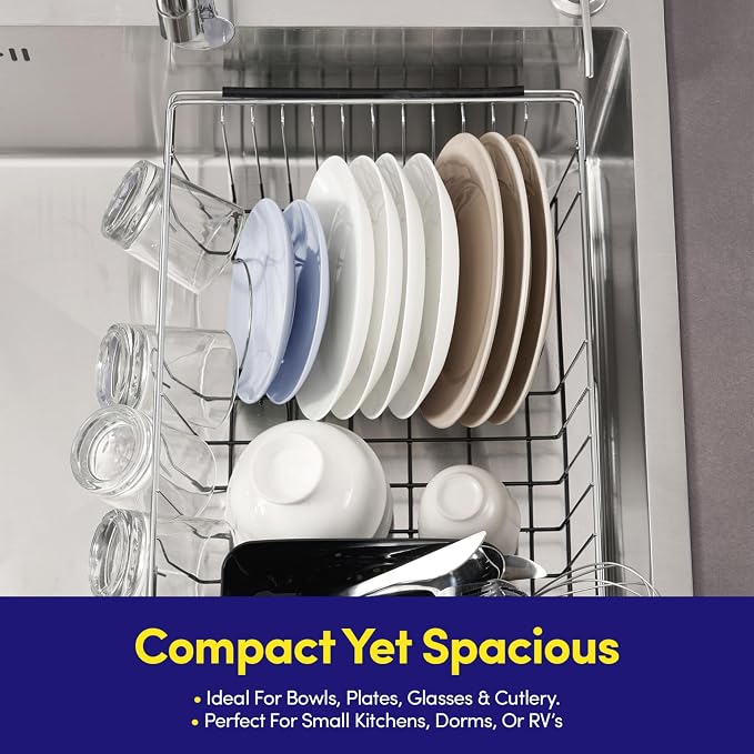 Dish Drying Rack Over The Sink Expandable to 24.5" Dish Drainer — Space-Saving Rectangular Kitchen Extending Drying Station with Utensil Holder, Fits Most Sinks for Easy Dish Organization, Black