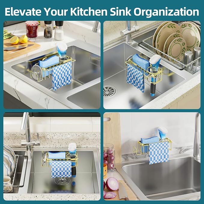 TAILI 4-in-1 Sink Caddy for Kitchen Sink with Strong Suction Cup-Gold | Removable Sponge Holder for Kitchen Sink Organizer, Rustproof 304 Stainless Steel Holder for Sponge, Brush, Scrubber, Scraper