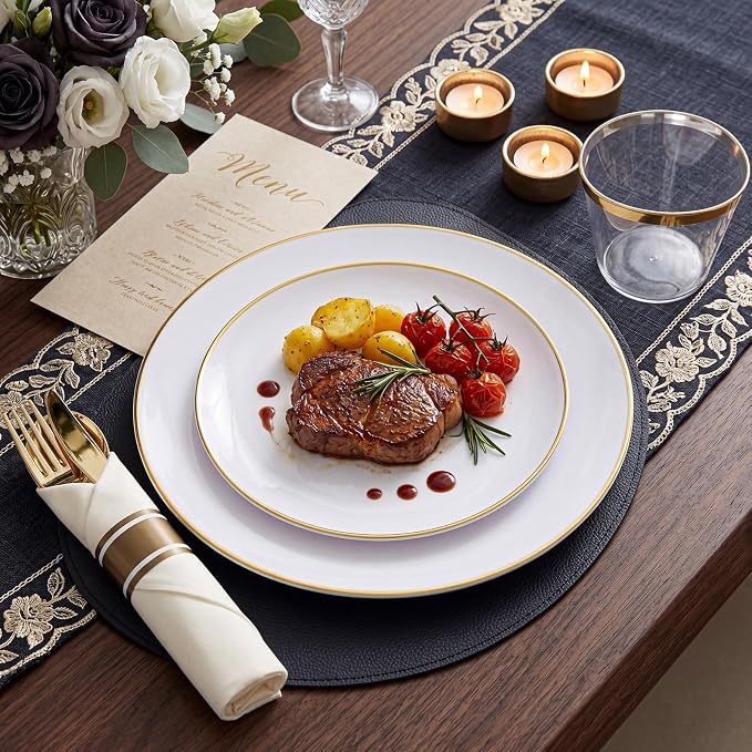 KIRE 350 PCS White and Gold Plates - Plastic Dinnerware Set for Wedding | Include 100PCS White Plastic Plates With Gold Rim, 50PCSPre Rolled Napkins with Silverware & 50PCS Cups for Party