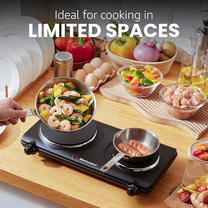 Elite Gourmet EDB-302BF# Double Cast Iron Burner, 1500W Hot Plate, Black | Adjustable temperature control, power indicator lights, easy-to-clean surface, countertop design