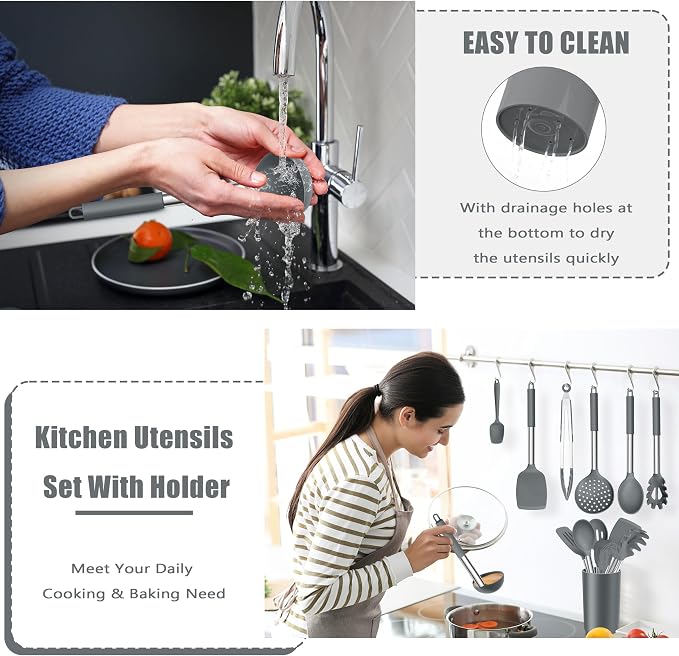 E-far 14 Pieces Silicone Cooking Utensils Set, Kitchen Utensils Set with Holder, Spatula, Ladle, Spoon, Tong, Slotted Turner for Nonstick Cookware, 446°F Heat Resistant & Stainless Steel Handle, Gray