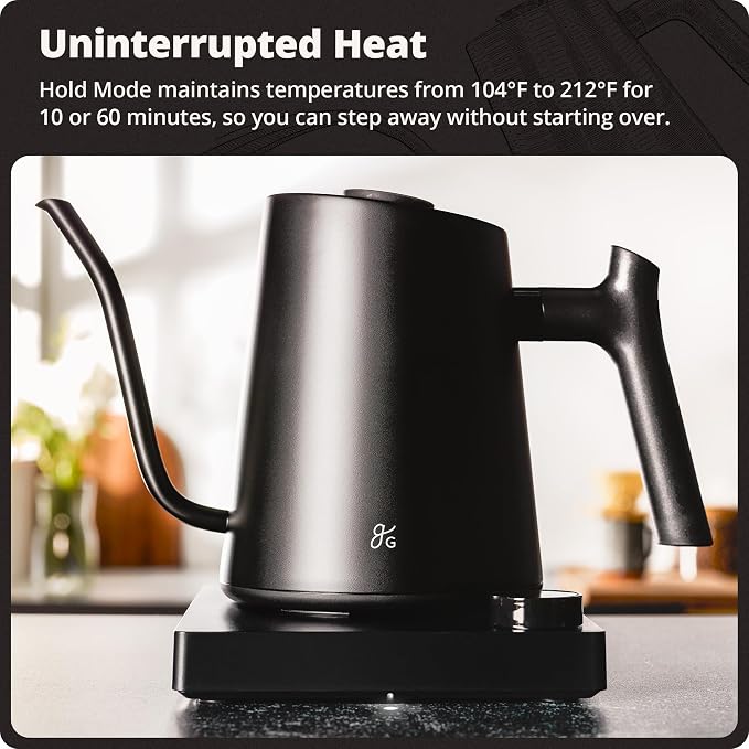 Greater Goods Gooseneck Electric Kettle, 1200W Temperature Control, 0.8L | Pour-Over & Tea Kettle with Stainless Steel Interior, Built-In Brew Timer, Fast Heating for Chemex, V60, & Matcha (Black)