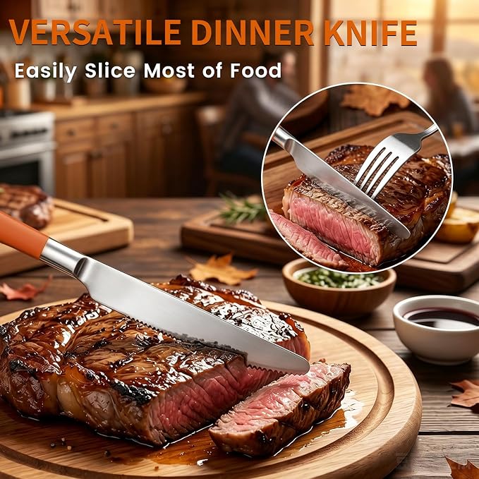 Orange Silverware Set with Holder for 6-24 Piece Stainless Steel Flatware Set with Spoons, Forks, Knives, Heavy Duty Mirror Polished Cutlery Set for Home, Kitchen, Restaurant