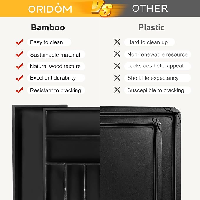 Large Premium Bamboo Silverware Organizer - Expandable Drawer Organizer & Utensil Organizer - 17"x19.7" Cutlery Tray with Dividers for Kitchen Utensils and Flatware (7-9 Slots) (Black)