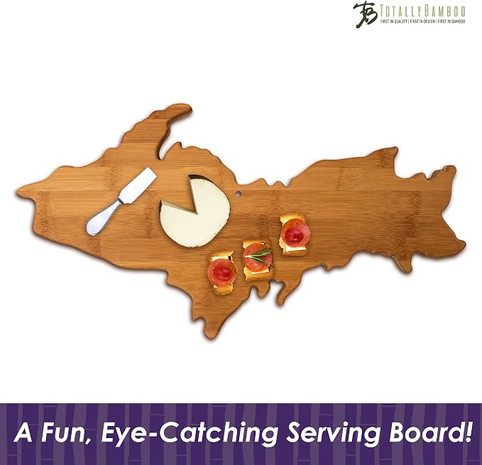 Totally Bamboo Upper Peninsula Shaped Bamboo Serving and Cutting Board | Upper Peninsula-shaped charcuterie board with bamboo grain. Knife-friendly surface for food prep. Hang tie for wall display.