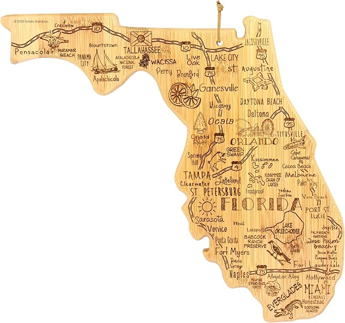 Totally Bamboo Destination Florida State Shaped Cutting Board | State charcuterie serving board with engraved map artwork. Smooth reverse side for food prep. Hang tie for wall display.