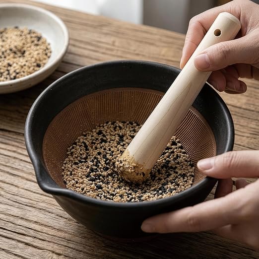 Asayu Japanese Ceramic Black Mortar Bowl with Wooden Pestle 6.3 in (160 mm), Made in Japan Dishwasher and Microwave Safe Ripple Ridge Suribachi and Sukirogi Set